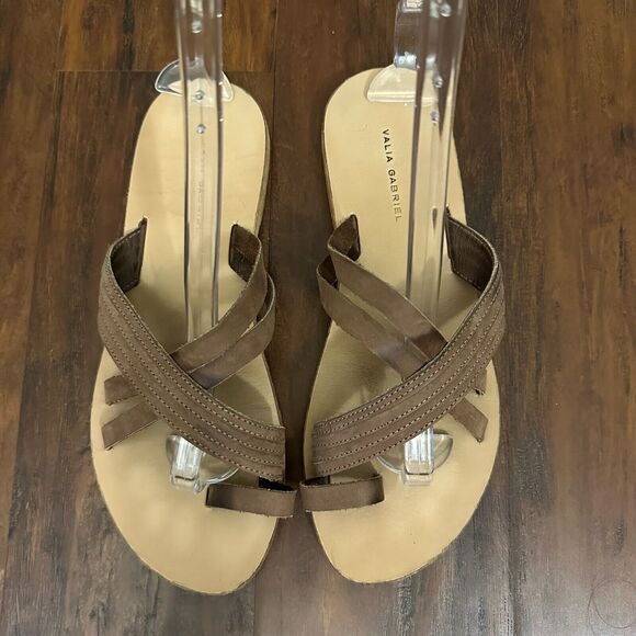 VALIA GABRIEL Sandals Taupe Leather Toe-Ring Flat Slide - Picture 1 of 10